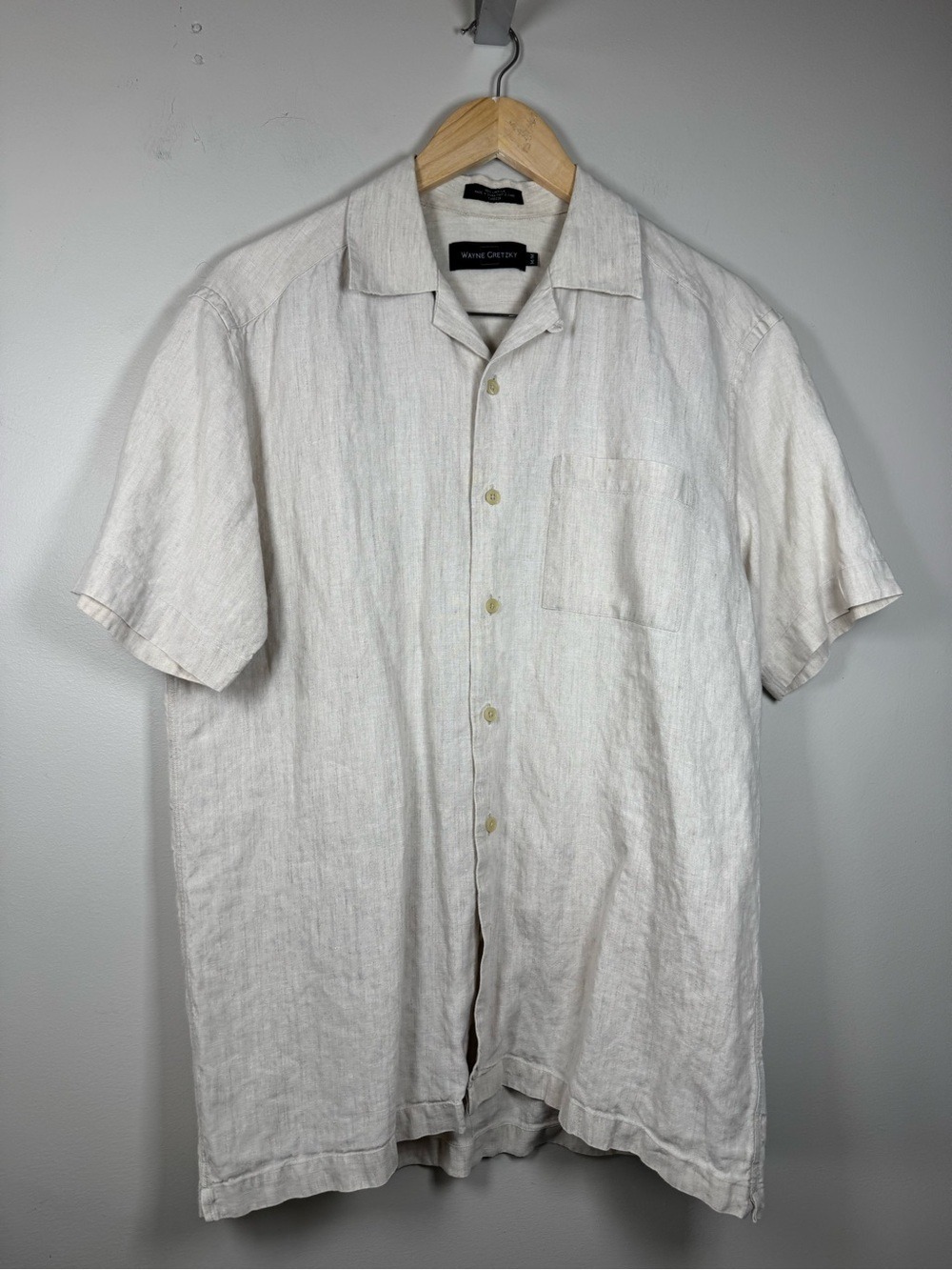 Wayne Gretzky Vintage Short-Sleeve Linen Button-Down Shirt in Light Cream Medium